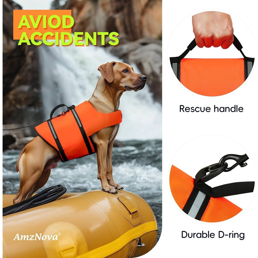AmzNova Medium Dog Life Jacket Orange Reflective Safety Vest High Buoyancy